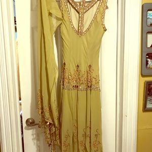 Stunning pure silk beaded dress w beaded scarf